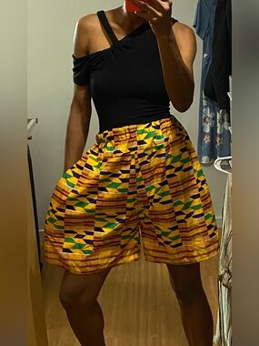 African Ankara Boho yellow multi colour elastic waistband shorts for women